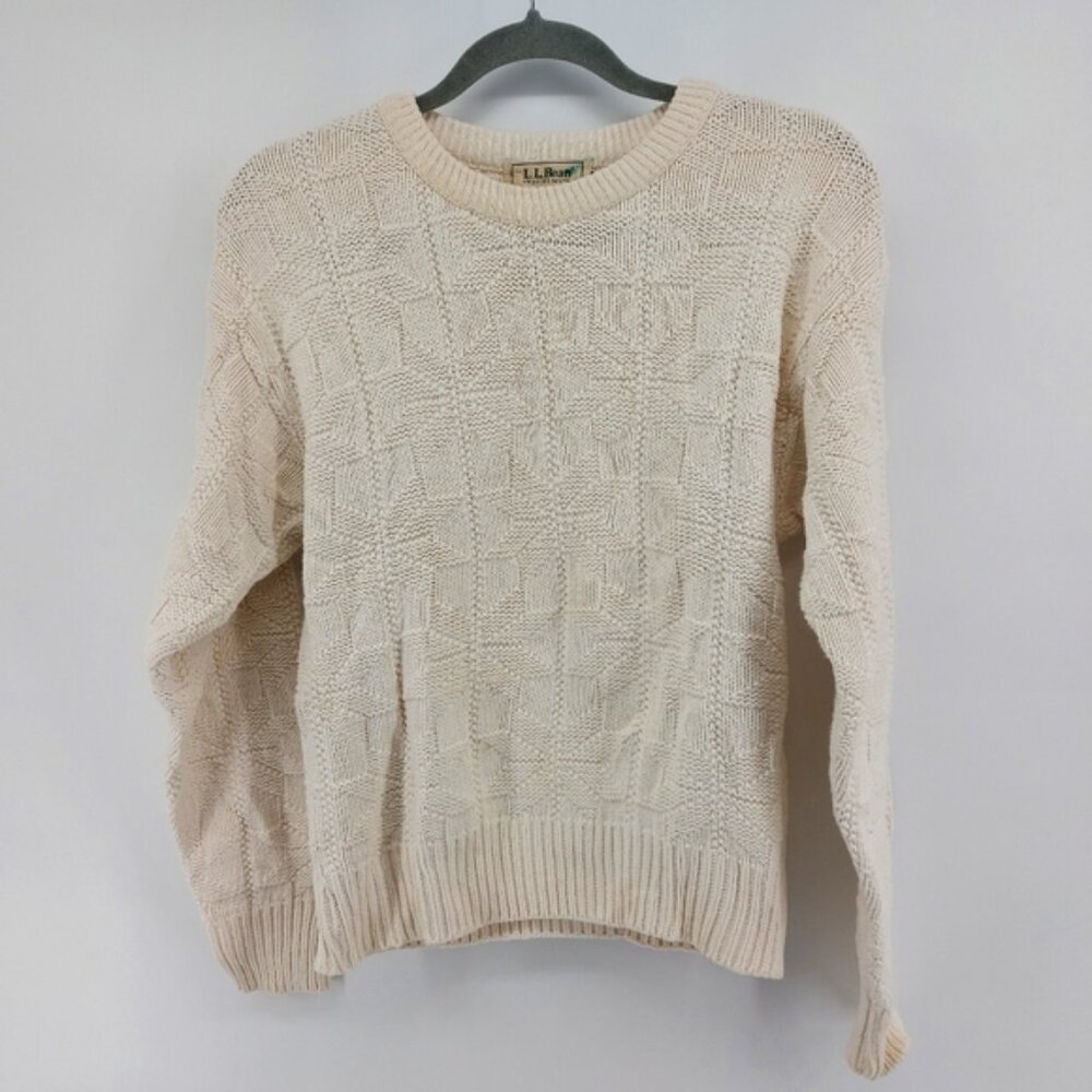L.L.Bean Cotton Cream Snowflake Knit Crewneck Sweater Size Medium